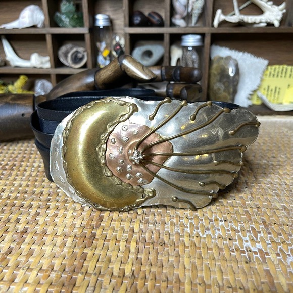 Vintage 80s Celestial Moon and Sun Belt in Brutalist Style Metal and Leather main image 8